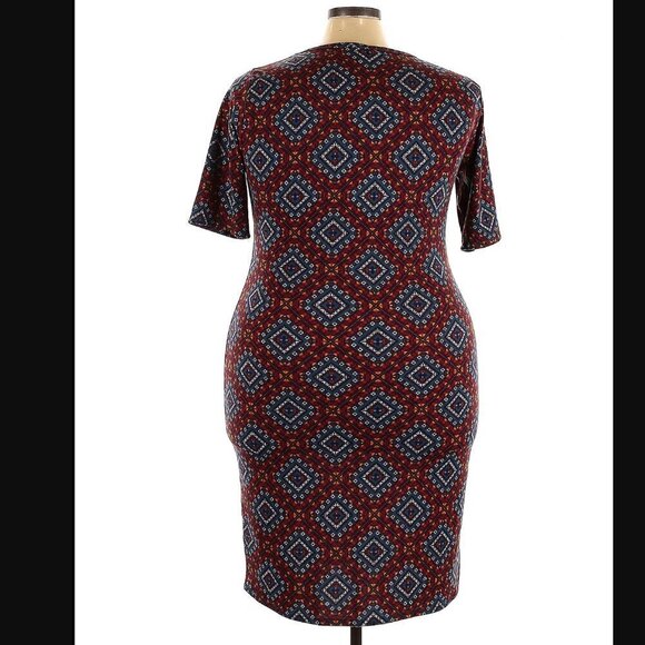 Lularoe Julia Bodycon Dress Blue Red Geometric - Picture 2 of 11